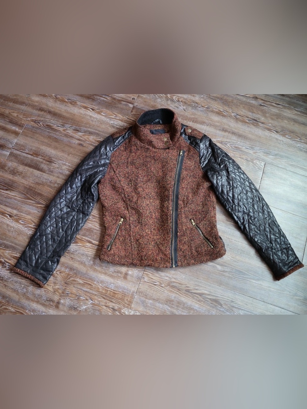 Brown Wool Blend Quilted Moto Biker Jacket Asymmetric Full Zip Womens Medium